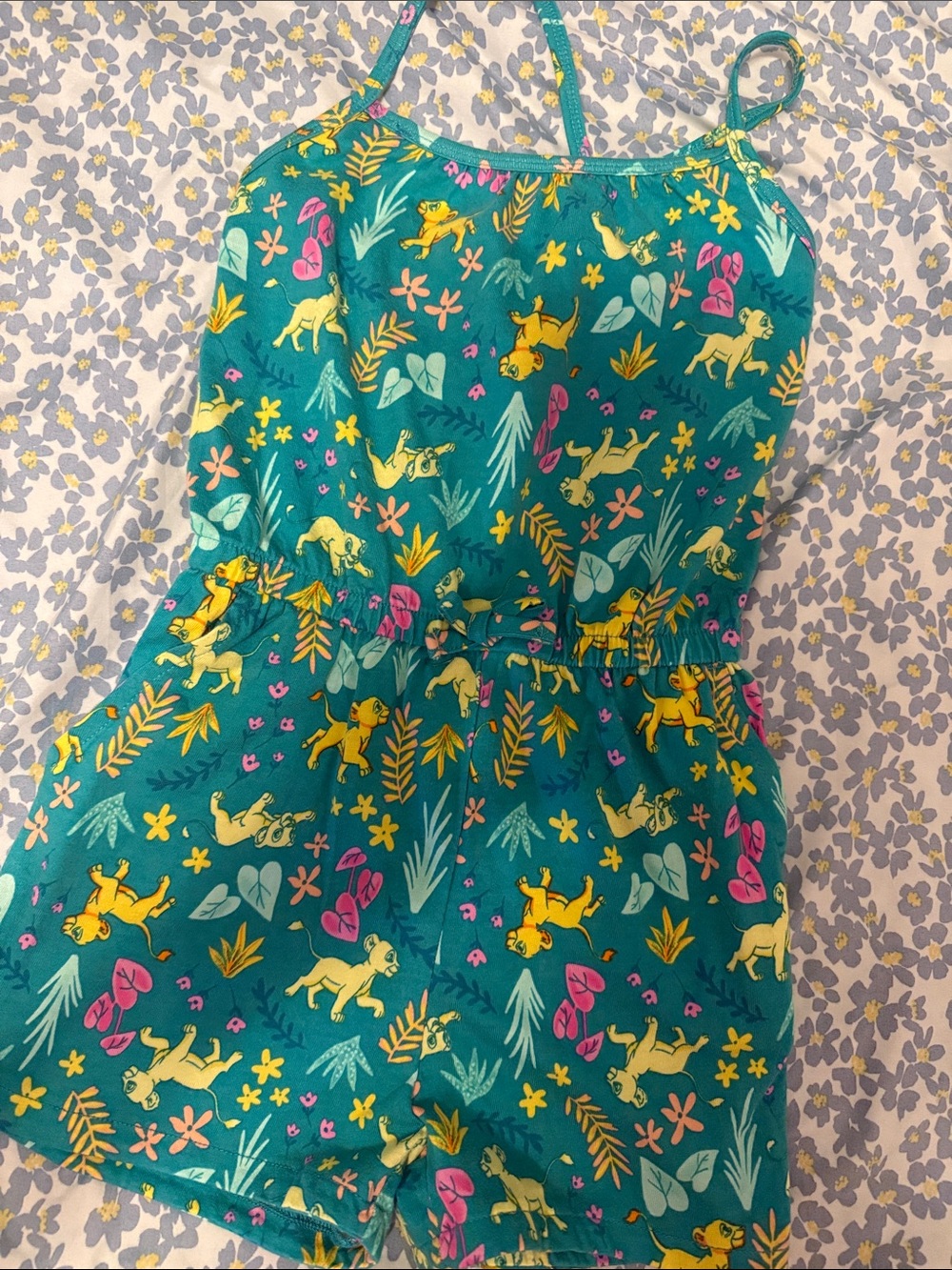 Disney Teal Romper with Yellow Lion and Pink Floral Accents